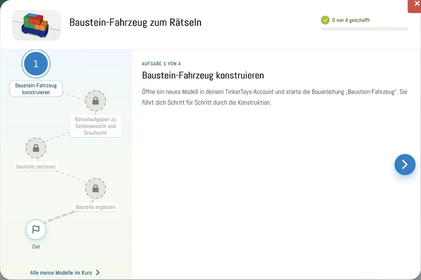 Lernpfad „Baustein-Fahrzeug zum Rätseln“ mit vier Aufgaben