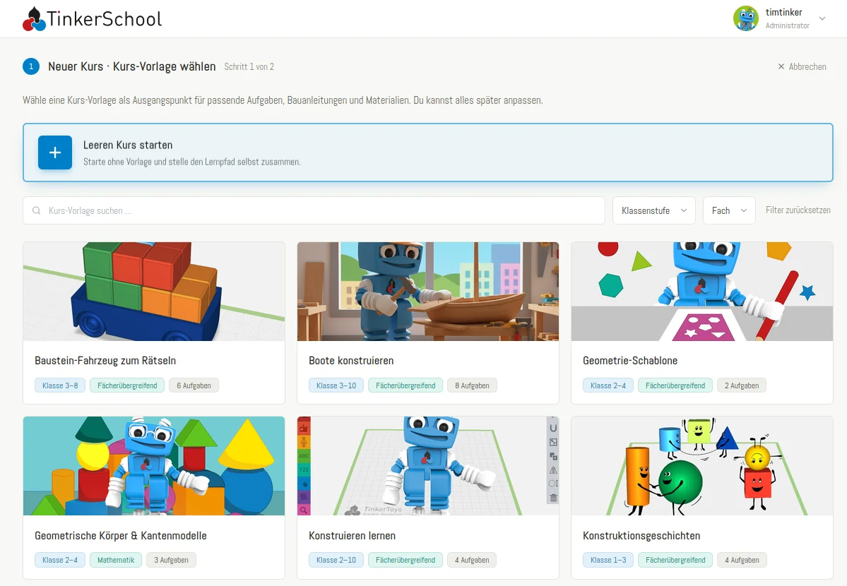 Neuer Kurs: Auswahl der Kurs-Vorlagen wie Tierspuren, Boote konstruieren oder Geometrie-Schablone, filterbar nach Klassenstufe und Fach