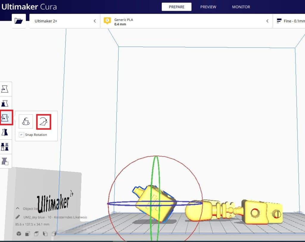 So funktioniert TinkerSchool für Ultimaker 3D Drucker in der Schule - Schritt 6 - Rotieren Sie das Objekt, um es optimal zu platzieren